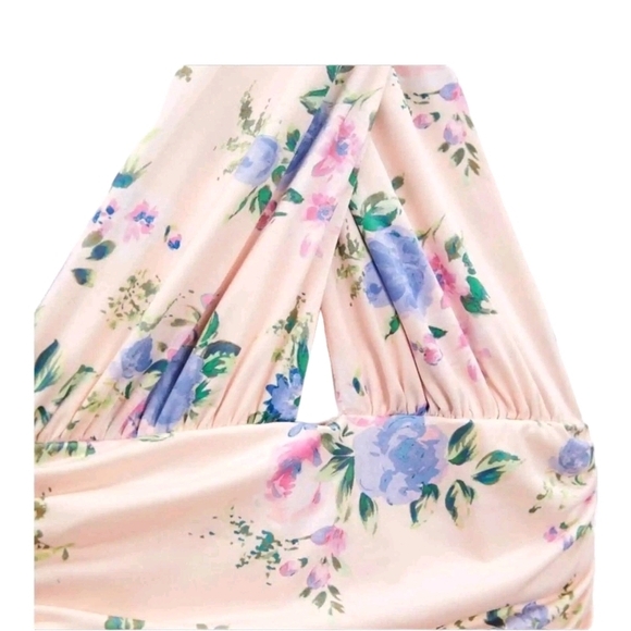 ZARA Light Pink Halter Neck Open Back Ruched Bodycon Mini Dress Womens Medium - Picture 4 of 15